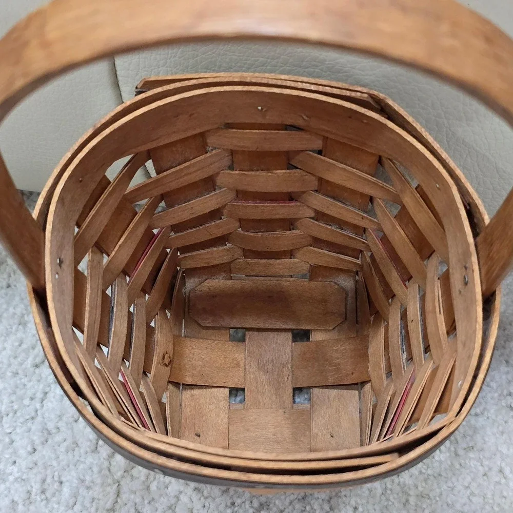 Woven Wood Basket with Handle Rustic‎ Farmhouse Decor 1996 Red Gray Trim Vintage